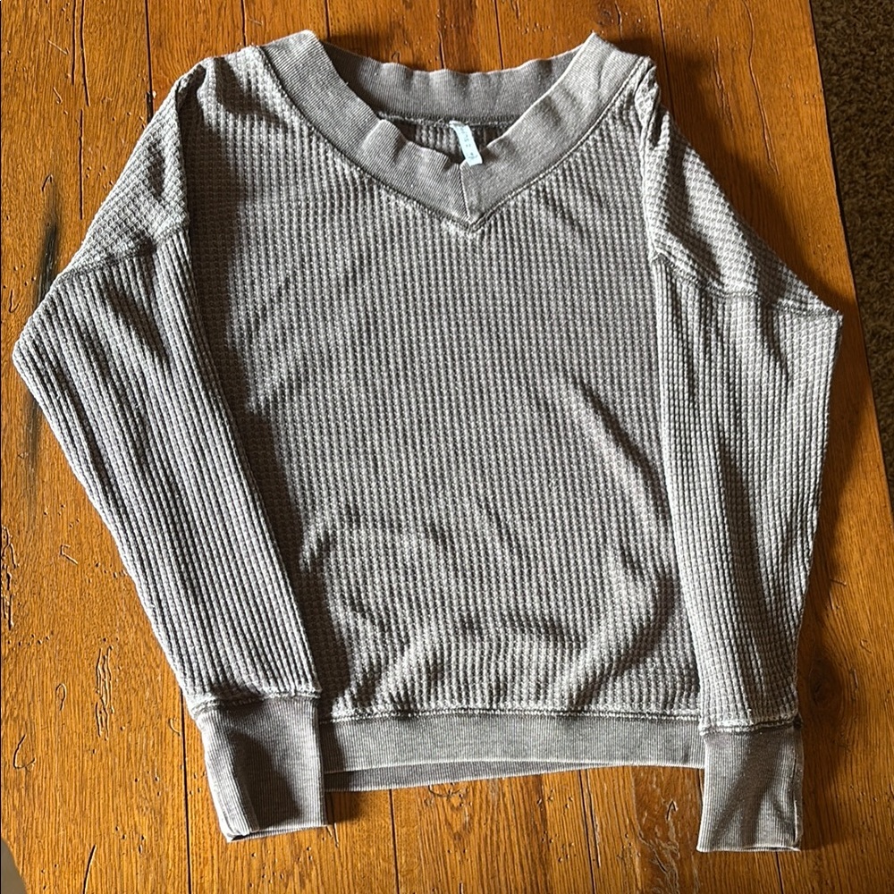 Purple-Gray V-Neck Waffle Knit Sweater